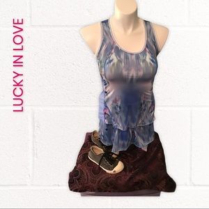 Lucky in Love Blue Multi-Print Racerback Tank